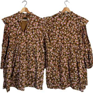 NWOT Who What Wear Floral Tiered Mini Dress Women's Small Brown Cottage Bohemian